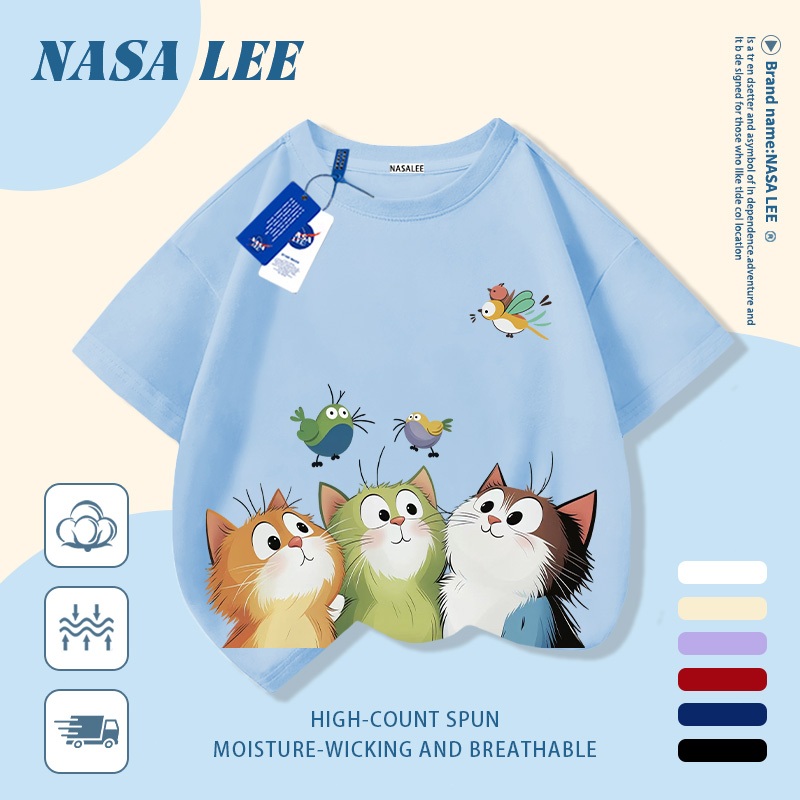 [Giao hàng trong ngày] Áo thun Cotton trắng nguyên chất thoáng khí cho trẻ em NASA Ba chú mèo con in hợp thời trang 3-16 tuổi Bé trai bé gái tay ngắn thông thường 1