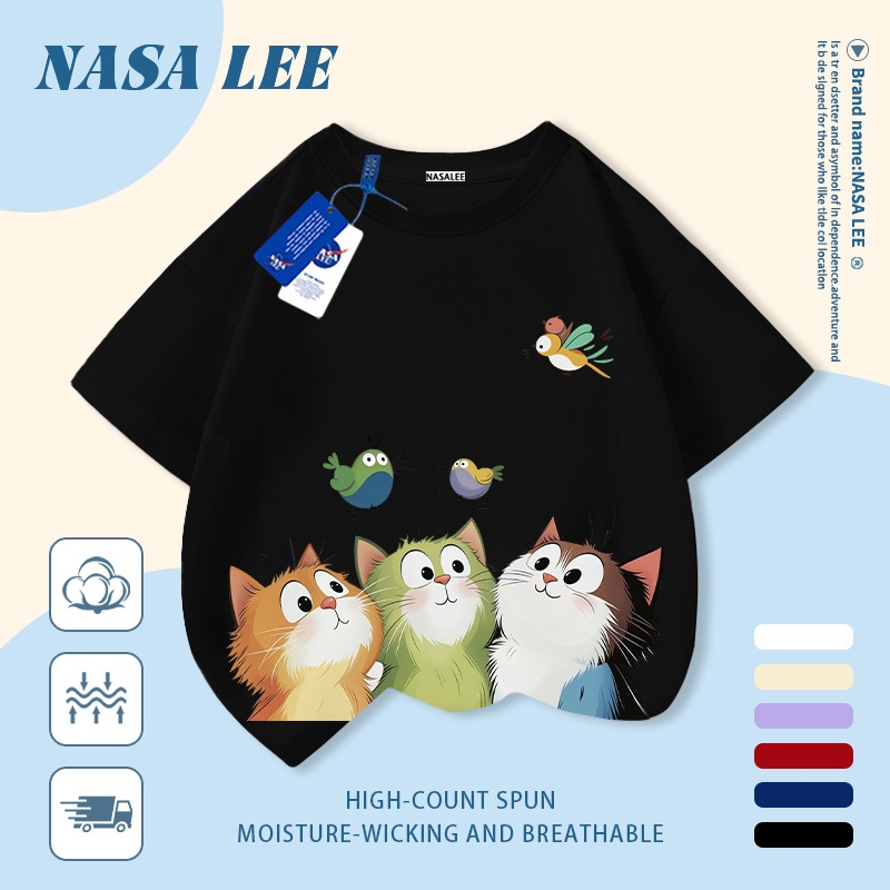[Giao hàng trong ngày] Áo thun Cotton trắng nguyên chất thoáng khí cho trẻ em NASA Ba chú mèo con in hợp thời trang 3-16 tuổi Bé trai bé gái tay ngắn thông thường 1