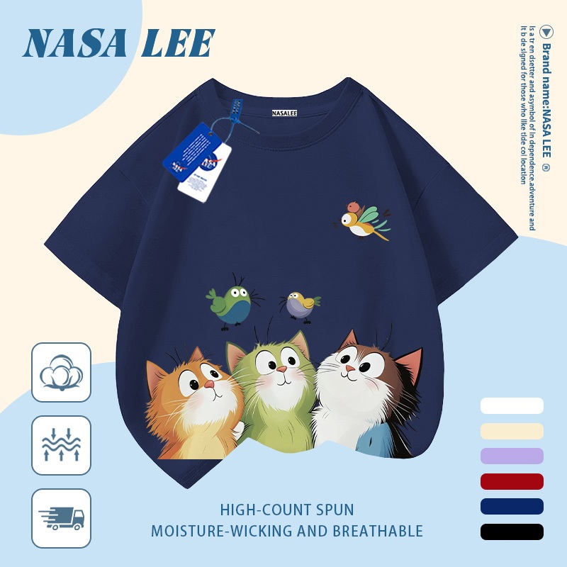 [Giao hàng trong ngày] Áo thun Cotton trắng nguyên chất thoáng khí cho trẻ em NASA Ba chú mèo con in hợp thời trang 3-16 tuổi Bé trai bé gái tay ngắn thông thường 1