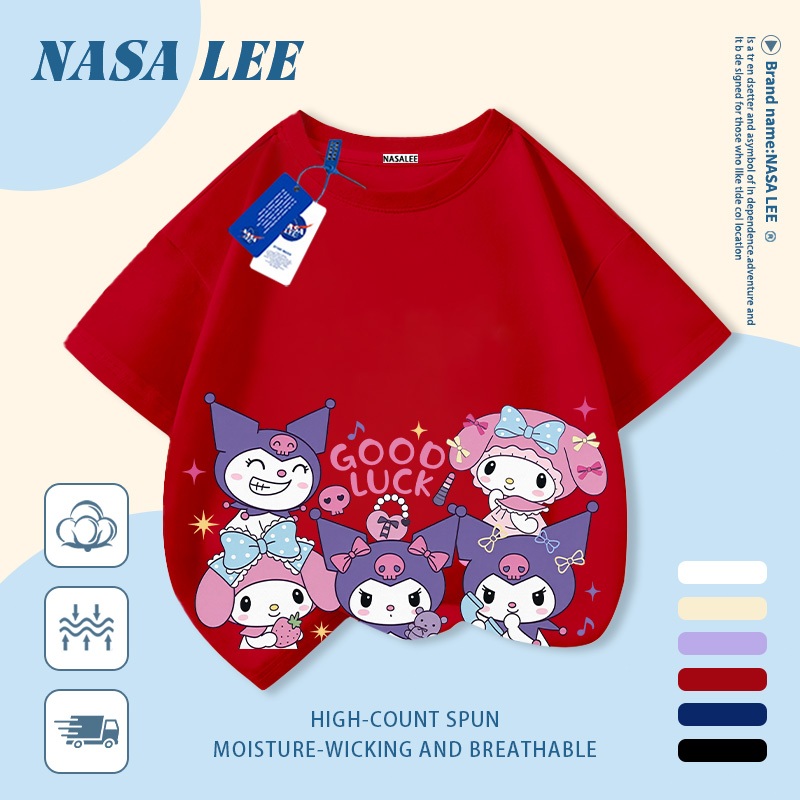 [Giao hàng trong ngày] Áo thun Cotton nguyên chất màu trắng cho trẻ em NASA Kuromi In hình hợp thời trang bé trai 3-16 tuổi bé gái tay ngắn thông thường 1