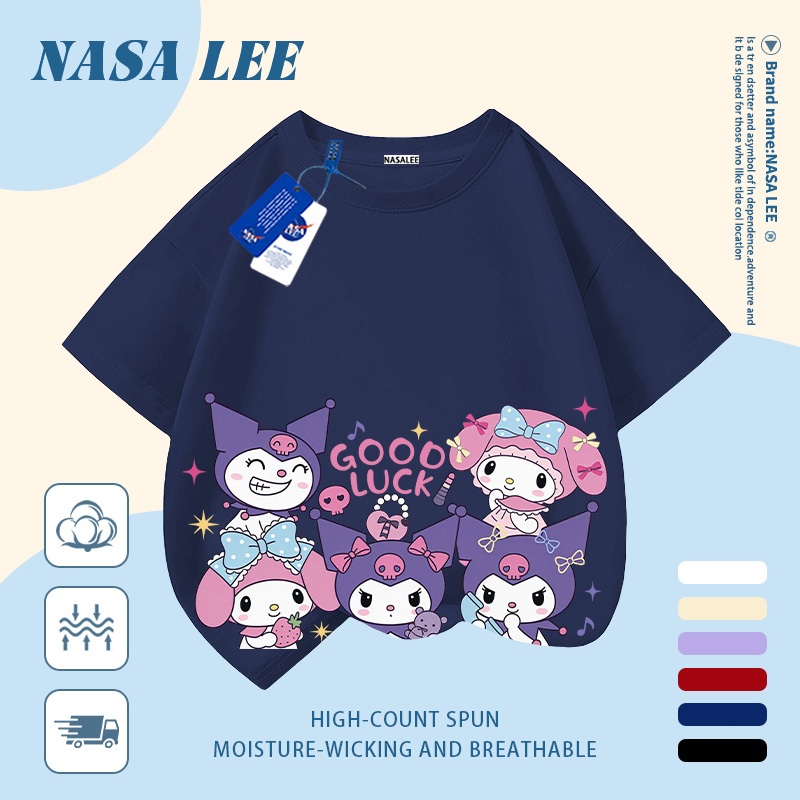 [Giao hàng trong ngày] Áo thun Cotton nguyên chất màu trắng cho trẻ em NASA Kuromi In hình hợp thời trang bé trai 3-16 tuổi bé gái tay ngắn thông thường 1