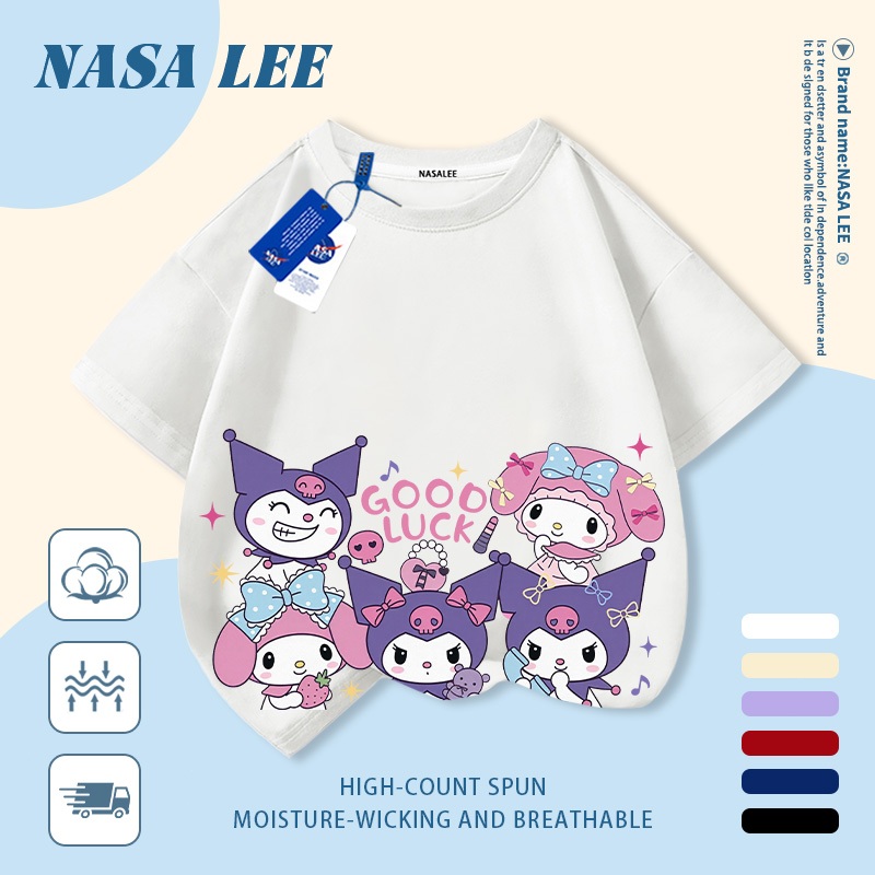 [Giao hàng trong ngày] Áo thun Cotton nguyên chất màu trắng cho trẻ em NASA Kuromi In hình hợp thời trang bé trai 3-16 tuổi bé gái tay ngắn thông thường 1
