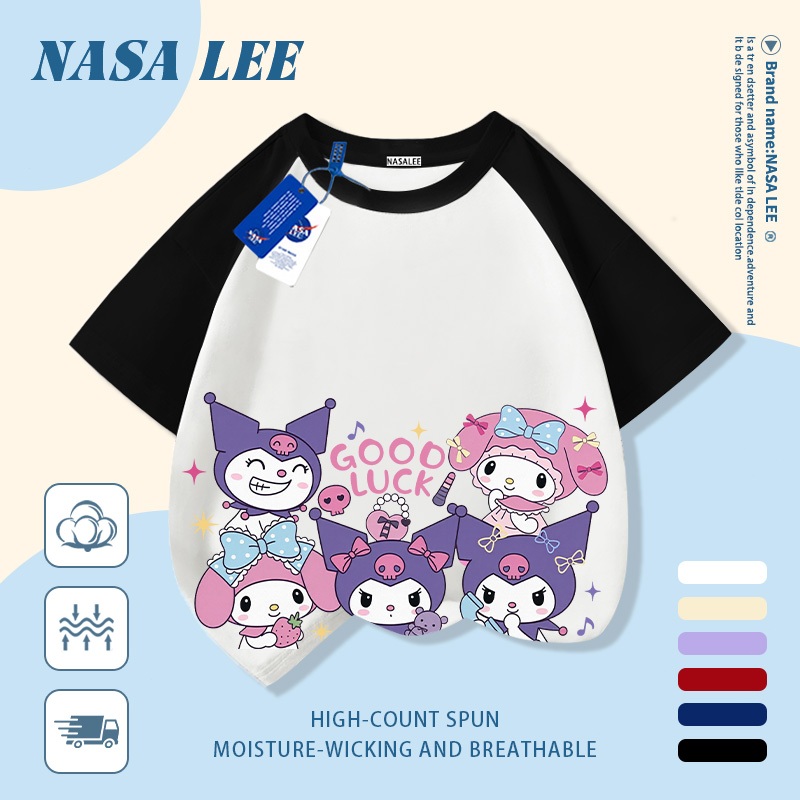 [Giao hàng trong ngày] Áo thun Cotton nguyên chất màu trắng cho trẻ em NASA Kuromi In hình hợp thời trang bé trai 3-16 tuổi bé gái tay ngắn thông thường 1
