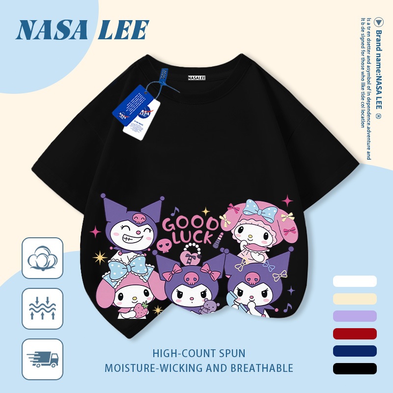 [Giao hàng trong ngày] Áo thun Cotton nguyên chất màu trắng cho trẻ em NASA Kuromi In hình hợp thời trang bé trai 3-16 tuổi bé gái tay ngắn thông thường 1