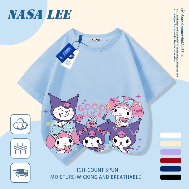 [Giao hàng trong ngày] Áo thun Cotton nguyên chất màu trắng cho trẻ em NASA Kuromi In hình hợp thời trang bé trai 3-16 tuổi bé gái tay ngắn thông thường 1
