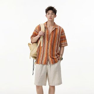 Retro ins Retro Phong Cách Dân Tộc Rỗng Dệt Cổ Cuba Áo Sơ Mi Nam Mùa Hè Tương Phản Màu Sắc Thiết Kế Áo Sơ Mi Tay Ngắn