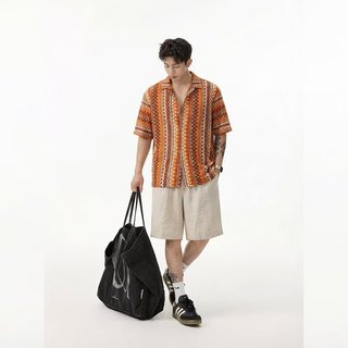 Retro ins Retro Phong Cách Dân Tộc Rỗng Dệt Cổ Cuba Áo Sơ Mi Nam Mùa Hè Tương Phản Màu Sắc Thiết Kế Áo Sơ Mi Tay Ngắn