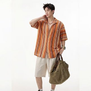 Retro ins Retro Phong Cách Dân Tộc Rỗng Dệt Cổ Cuba Áo Sơ Mi Nam Mùa Hè Tương Phản Màu Sắc Thiết Kế Áo Sơ Mi Tay Ngắn