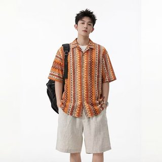 Retro ins Retro Phong Cách Dân Tộc Rỗng Dệt Cổ Cuba Áo Sơ Mi Nam Mùa Hè Tương Phản Màu Sắc Thiết Kế Áo Sơ Mi Tay Ngắn