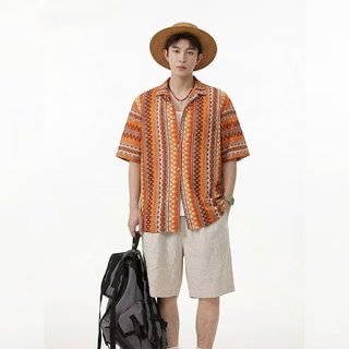 Retro ins Retro Phong Cách Dân Tộc Rỗng Dệt Cổ Cuba Áo Sơ Mi Nam Mùa Hè Tương Phản Màu Sắc Thiết Kế Áo Sơ Mi Tay Ngắn