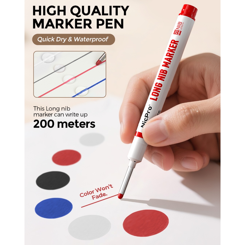 Nicpro 8 Bút Đánh Dấu Nib Dài, Bút Đánh Dấu Lỗ Sâu 20 Mm, Bút Đánh Dấu Xây Dựng Nhanh Khô & Chống Thấm Nước, Bút Đánh Dấu Đầu Dài Cho Kim Loại, Thép, Ngói, Thủy Tinh, Bút Đánh Dấu Thợ Mộc
