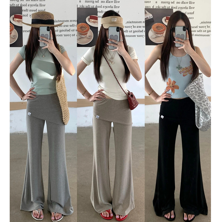 SUXI Quần loe dáng rộng mềm mại màu đơn sắc cho nữ mùa hè 260408
