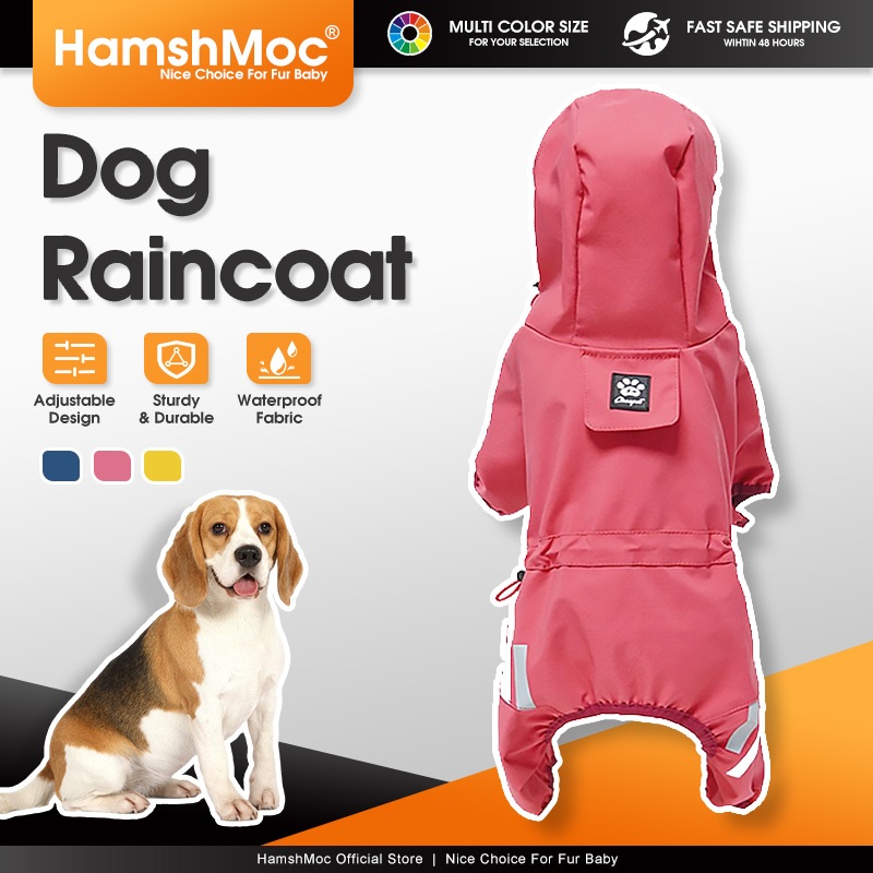HamshMoc Áo mưa cho chó 4 chân nhẹ, chống nước, phản quang toàn thân, có lỗ dây xích và mũ trùm đầu