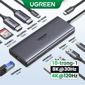 Ugreen Revodok Pro 210 Docking Station 10 trong 1 USB C Dock Dual HDMI 4K @ 60Hz Đơn 8K @ 30Hz 100W PD 5Gbps USB C và USB A Cổng dữ liệu Gigabit Ethernet, Đầu đọc thẻ SD / TF Tương thích f