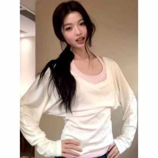 Áo thun nữ retro Hàn Quốc màu hồng dây cổ, tay dài, dáng slim-fit phù hợp cho mùa xuân