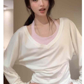 Áo thun nữ retro Hàn Quốc màu hồng dây cổ, tay dài, dáng slim-fit phù hợp cho mùa xuân