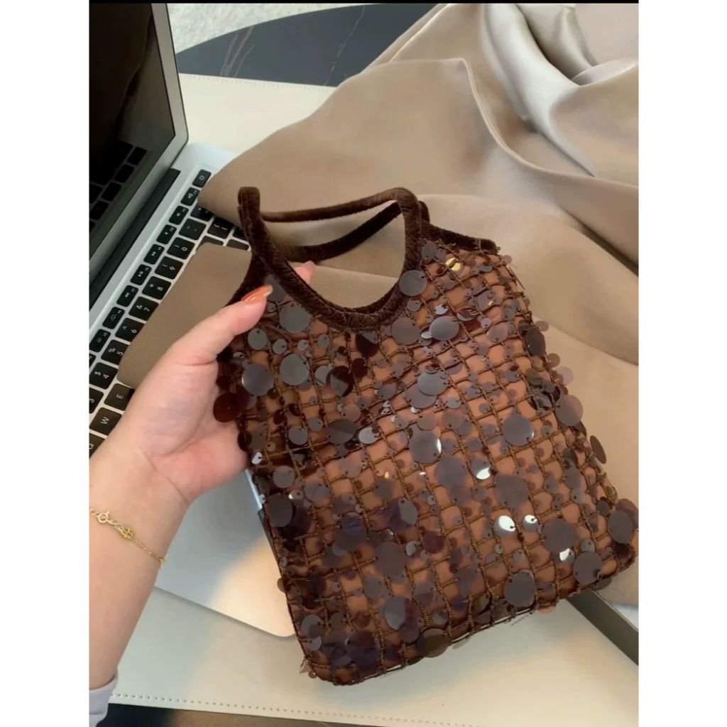 Túi xách nữ 66789 Sequin nâu đậm 15*21*20cm phong cách thiết kế thời trang boutique