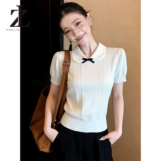 ZHELIHANGFEI Áo thun ngắn tay dệt kim polo màu trắng