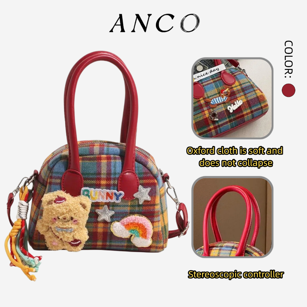 ANCO 2026 Túi xách nữ in sọc mới Dễ thương Brown Bear Single Shoulder Boston Shell Bag Túi du lịch giá trị cao