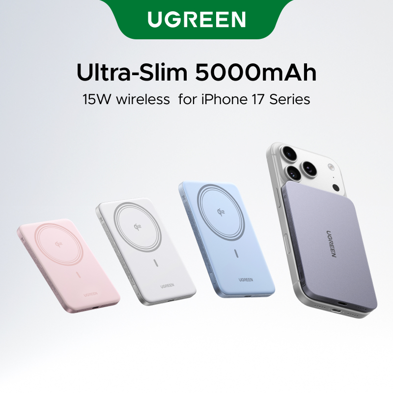 [Siêu mỏng] Sạc nhanh không dây từ tính UGREEN 15W 5000mAh USB-C 20W Tương thích với iPhone 17 Series
