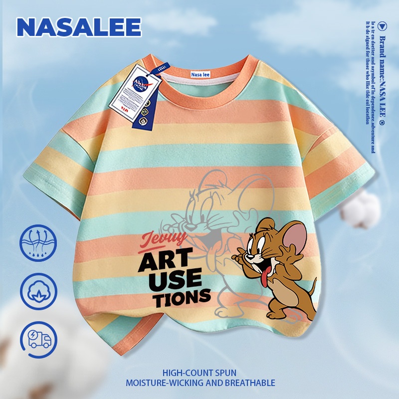 [Giao hàng trong vòng một ngày] Áo thun ngắn tay màu xanh đậm dành cho trẻ em NASA Cotton nguyên chất thoáng khí thoải mái Quần áo bé trai bé gái Họa tiết Jerry dễ thương Hal