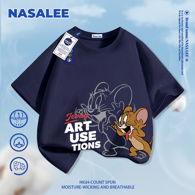 [Giao hàng trong vòng một ngày] Áo thun ngắn tay màu xanh đậm dành cho trẻ em NASA Cotton nguyên chất thoáng khí thoải mái Quần áo bé trai bé gái Họa tiết Jerry dễ thương Hal