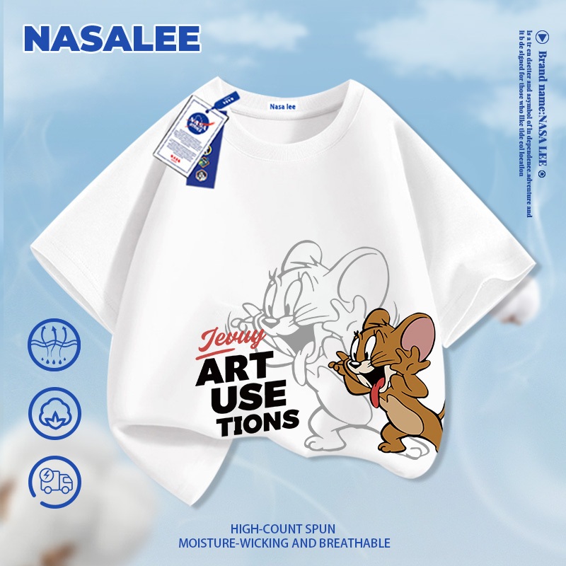 [Giao hàng trong vòng một ngày] Áo thun ngắn tay màu xanh đậm dành cho trẻ em NASA Cotton nguyên chất thoáng khí thoải mái Quần áo bé trai bé gái Họa tiết Jerry dễ thương Hal