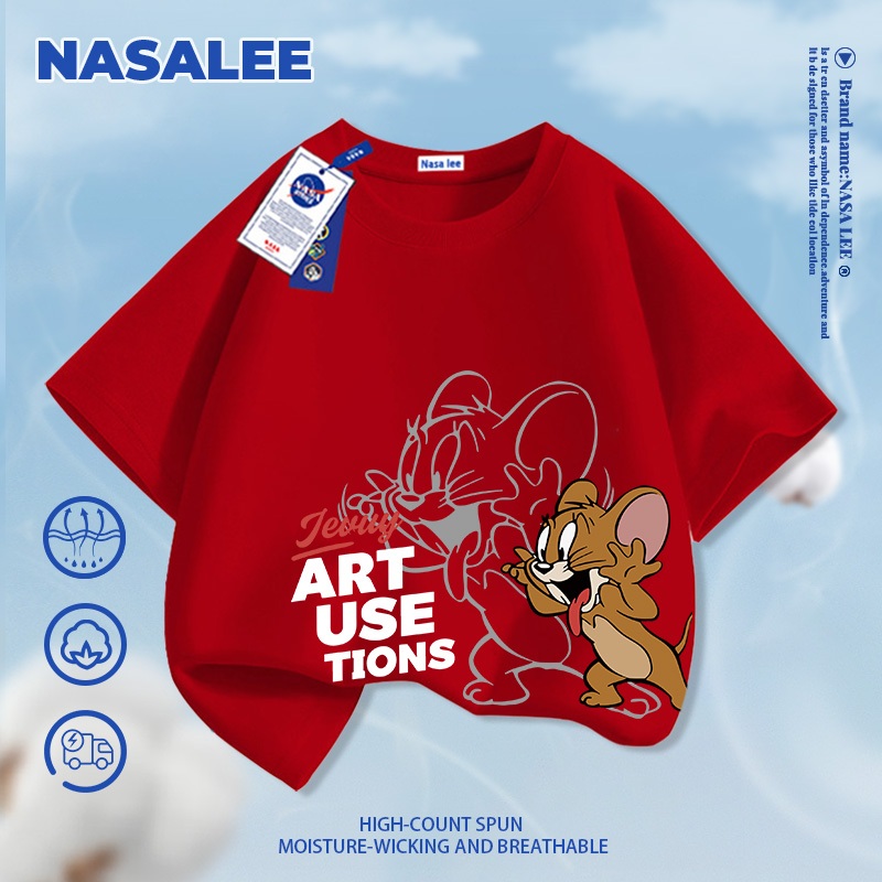 [Giao hàng trong vòng một ngày] Áo thun ngắn tay màu xanh đậm dành cho trẻ em NASA Cotton nguyên chất thoáng khí thoải mái Quần áo bé trai bé gái Họa tiết Jerry dễ thương Hal