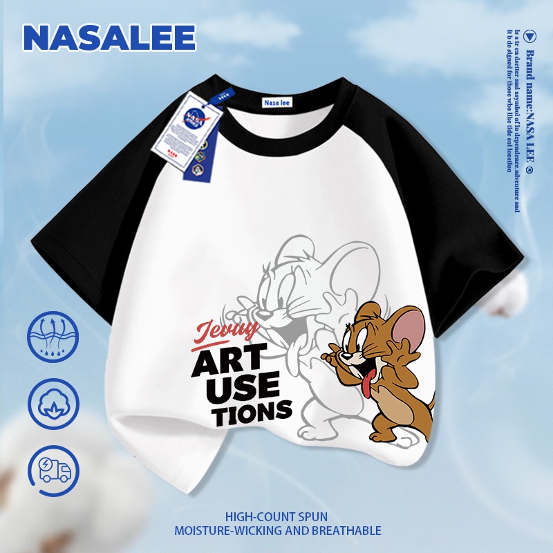 [Giao hàng trong vòng một ngày] Áo thun ngắn tay màu xanh đậm dành cho trẻ em NASA Cotton nguyên chất thoáng khí thoải mái Quần áo bé trai bé gái Họa tiết Jerry dễ thương Hal