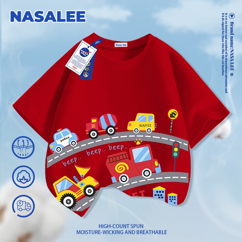 [Giao hàng trong ngày] Áo thun ngắn tay màu xanh đậm cho trẻ em NASA Cotton nguyên chất Vải thoáng khí Đua thuyền Họa tiết không khí Phong cách đường phố rộng rãi Thích hợp cho 3-16 tuổi