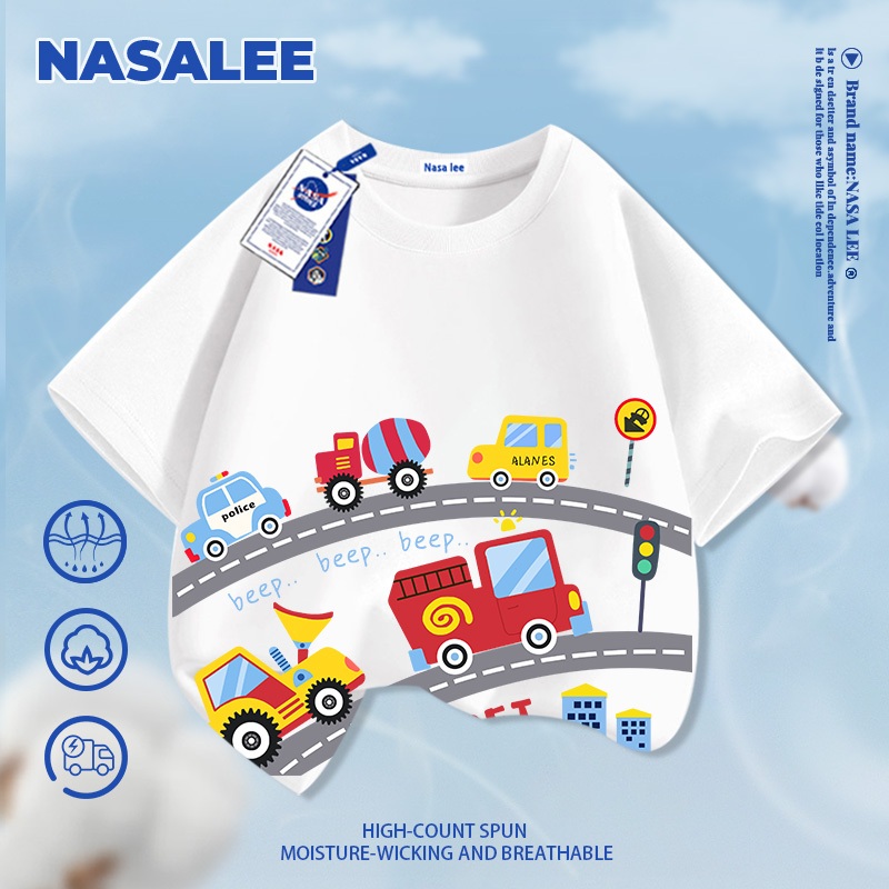 [Giao hàng trong ngày] Áo thun ngắn tay màu xanh đậm cho trẻ em NASA Cotton nguyên chất Vải thoáng khí Đua thuyền Họa tiết không khí Phong cách đường phố rộng rãi Thích hợp cho 3-16 tuổi