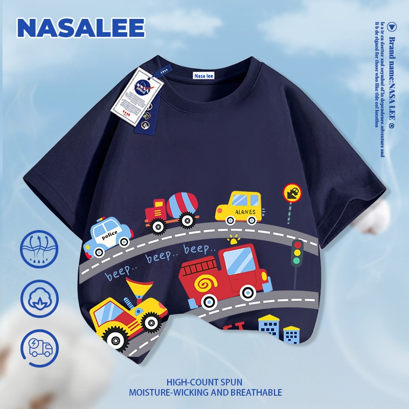 [Giao hàng trong ngày] Áo thun ngắn tay màu xanh đậm cho trẻ em NASA Cotton nguyên chất Vải thoáng khí Đua thuyền Họa tiết không khí Phong cách đường phố rộng rãi Thích hợp cho 3-16 tuổi
