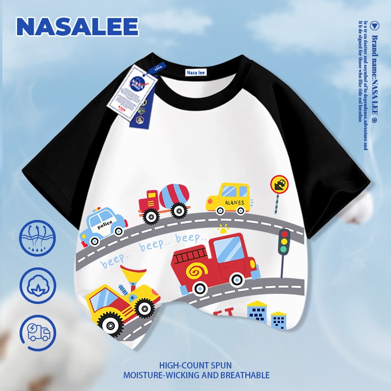 [Giao hàng trong ngày] Áo thun ngắn tay màu xanh đậm cho trẻ em NASA Cotton nguyên chất Vải thoáng khí Đua thuyền Họa tiết không khí Phong cách đường phố rộng rãi Thích hợp cho 3-16 tuổi