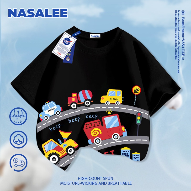 [Giao hàng trong ngày] Áo thun ngắn tay màu xanh đậm cho trẻ em NASA Cotton nguyên chất Vải thoáng khí Đua thuyền Họa tiết không khí Phong cách đường phố rộng rãi Thích hợp cho 3-16 tuổi