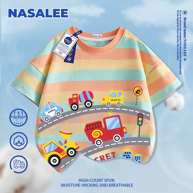 [Giao hàng trong ngày] Áo thun ngắn tay màu xanh đậm cho trẻ em NASA Cotton nguyên chất Vải thoáng khí Đua thuyền Họa tiết không khí Phong cách đường phố rộng rãi Thích hợp cho 3-16 tuổi