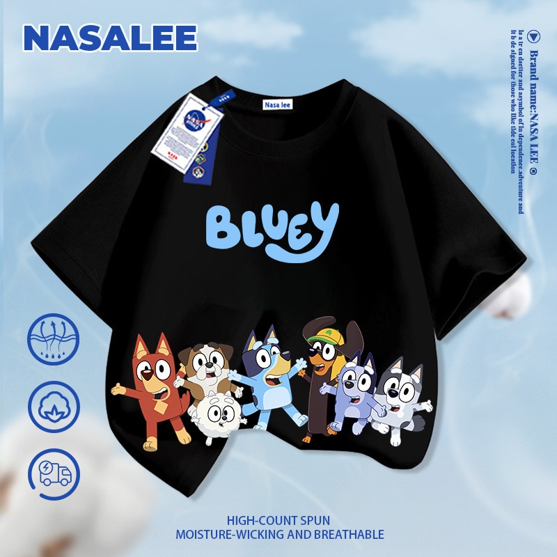 [Giao hàng trong ngày] Áo thun Cotton nguyên chất màu trắng cho trẻ em NASA Áo thun thoáng khí Bầu không khí Phim hoạt hình Plui in tay ngắn dáng rộng