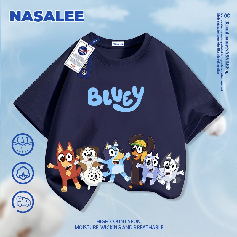 [Giao hàng trong ngày] Áo thun Cotton nguyên chất màu trắng cho trẻ em NASA Áo thun thoáng khí Bầu không khí Phim hoạt hình Plui in tay ngắn dáng rộng