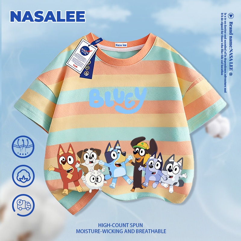 [Giao hàng trong ngày] Áo thun Cotton nguyên chất màu trắng cho trẻ em NASA Áo thun thoáng khí Bầu không khí Phim hoạt hình Plui in tay ngắn dáng rộng