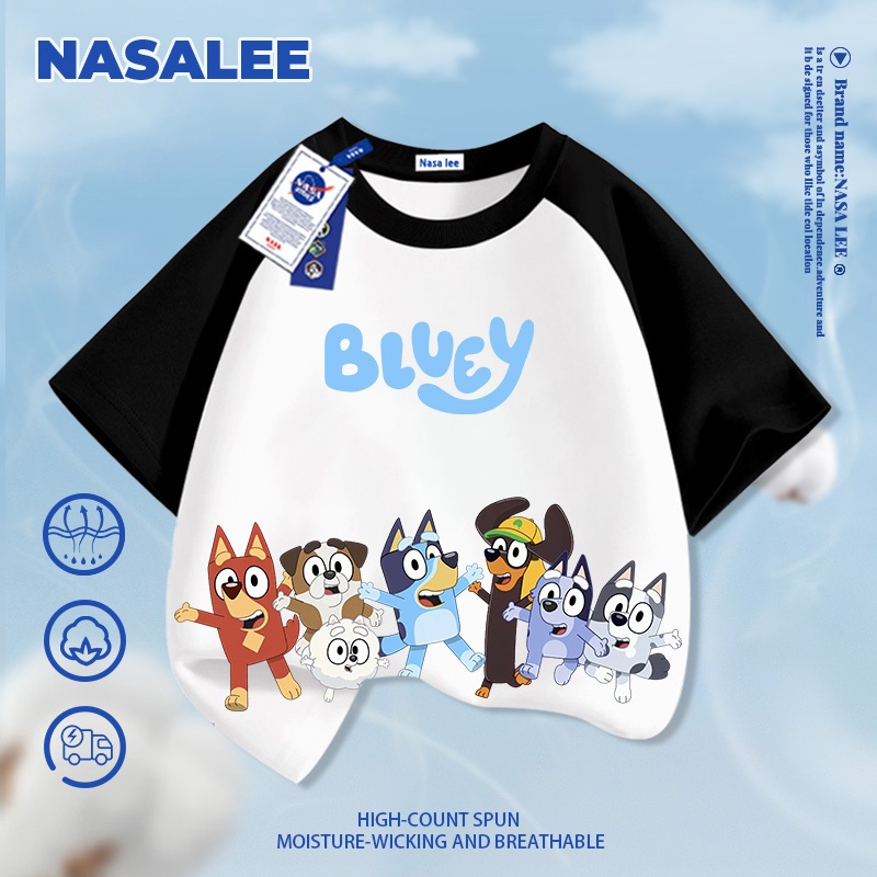 [Giao hàng trong ngày] Áo thun Cotton nguyên chất màu trắng cho trẻ em NASA Áo thun thoáng khí Bầu không khí Phim hoạt hình Plui in tay ngắn dáng rộng