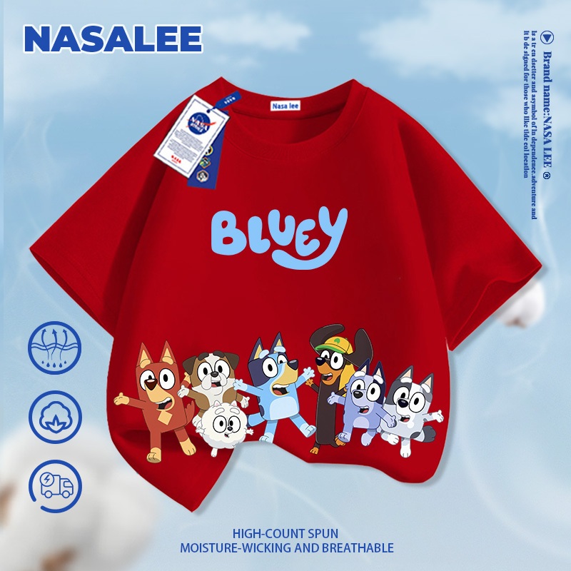 [Giao hàng trong ngày] Áo thun Cotton nguyên chất màu trắng cho trẻ em NASA Áo thun thoáng khí Bầu không khí Phim hoạt hình Plui in tay ngắn dáng rộng