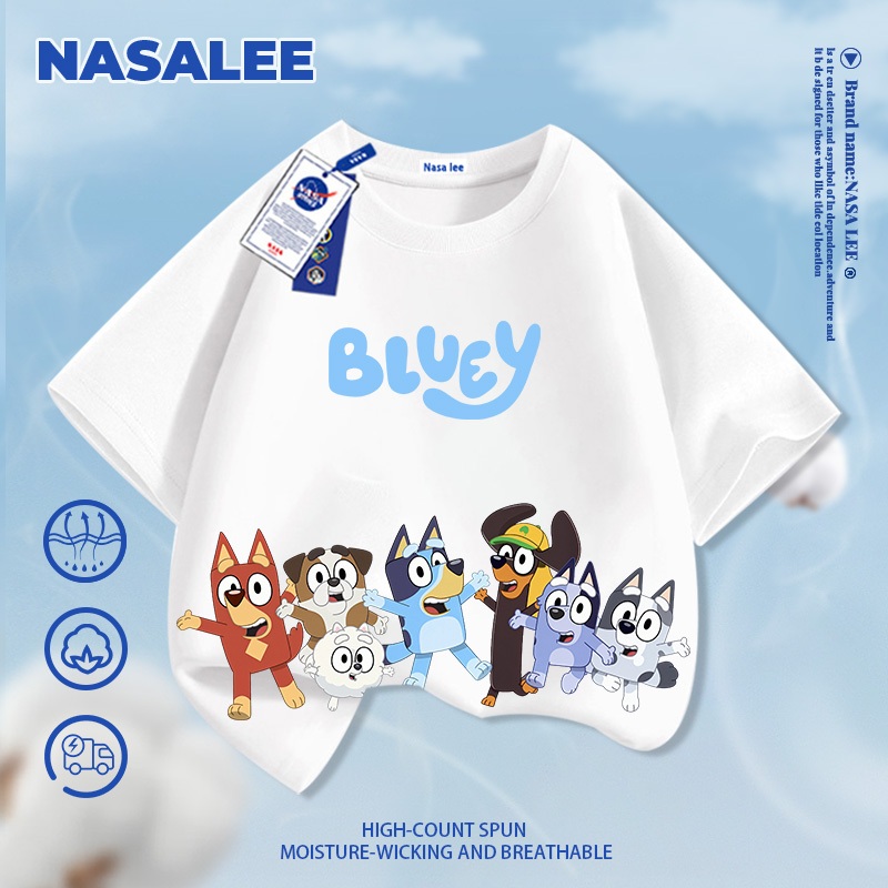 [Giao hàng trong ngày] Áo thun Cotton nguyên chất màu trắng cho trẻ em NASA Áo thun thoáng khí Bầu không khí Phim hoạt hình Plui in tay ngắn dáng rộng