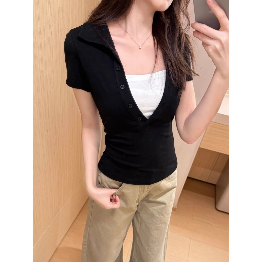 [BANKO] Áo sơ mi nữ form slimfit màu đen ngắn tay, cổ chữ V, thiết kế hai tone màu, phù hợp mùa hè