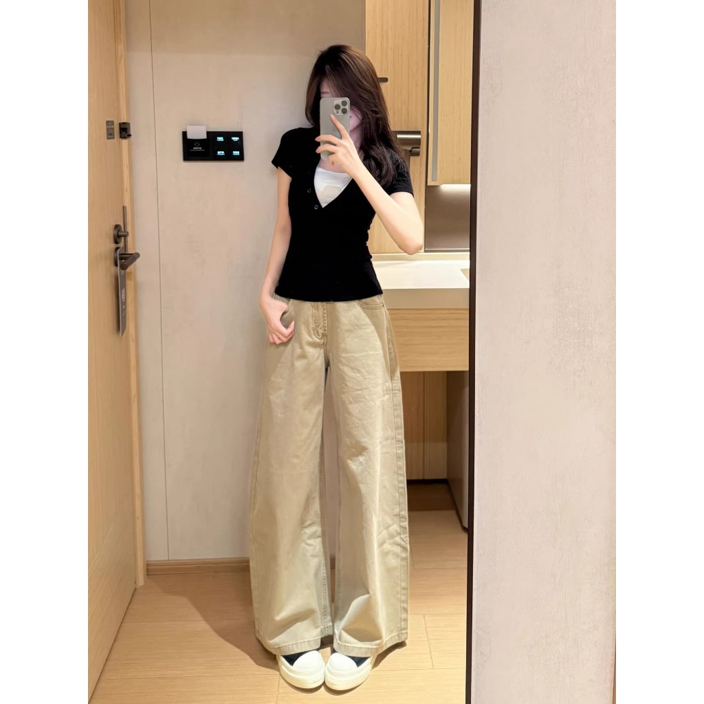[BANKO] Áo sơ mi nữ form slimfit màu đen ngắn tay, cổ chữ V, thiết kế hai tone màu, phù hợp mùa hè