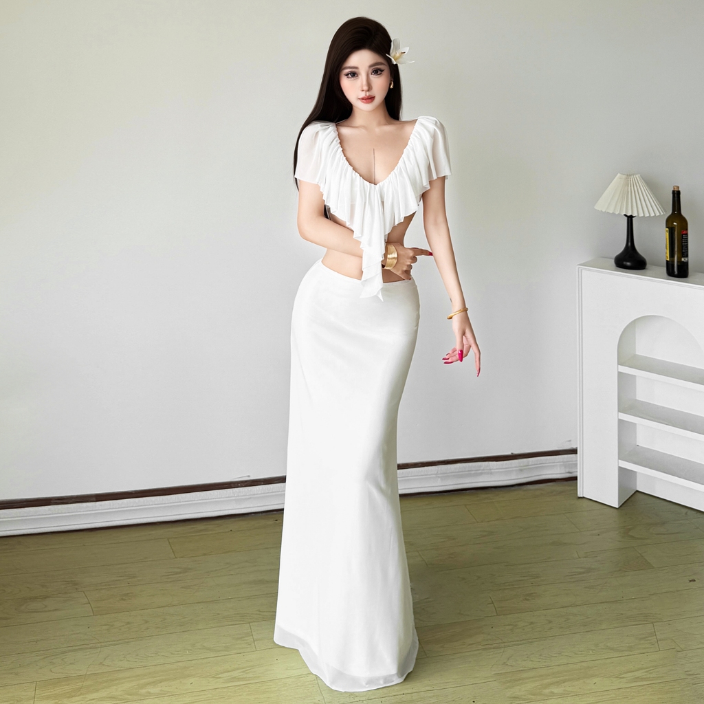 Váy nữ mùa hè phong cách Pháp với frill cổ chữ V và nơ độc đáo, thiết kế thanh lịch