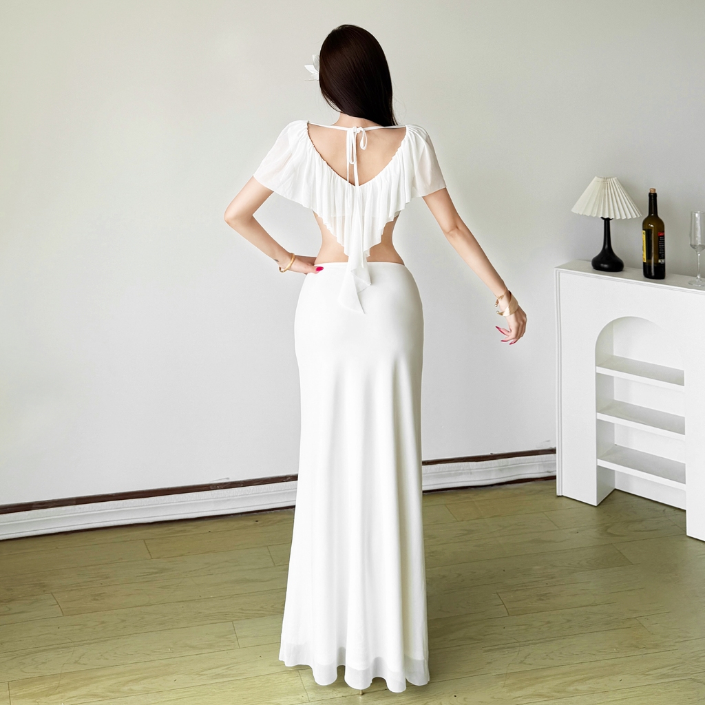 Váy nữ mùa hè phong cách Pháp với frill cổ chữ V và nơ độc đáo, thiết kế thanh lịch