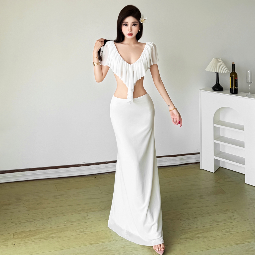 Váy nữ mùa hè phong cách Pháp với frill cổ chữ V và nơ độc đáo, thiết kế thanh lịch