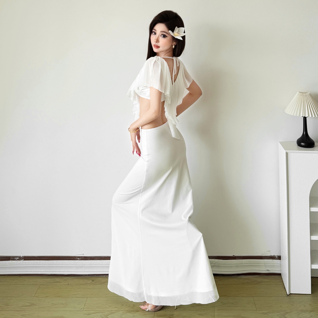 Váy nữ mùa hè phong cách Pháp với frill cổ chữ V và nơ độc đáo, thiết kế thanh lịch