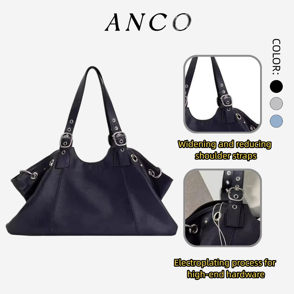 ANCO 2026 Túi xách trang trí đinh tán mới Hàn Quốc YK Zipper Túi tote công suất lớn Túi xách xách tay đơn thời trang Túi xách chéo dành cho phụ nữ Đầu máy cá nhân Túi xách vai gió