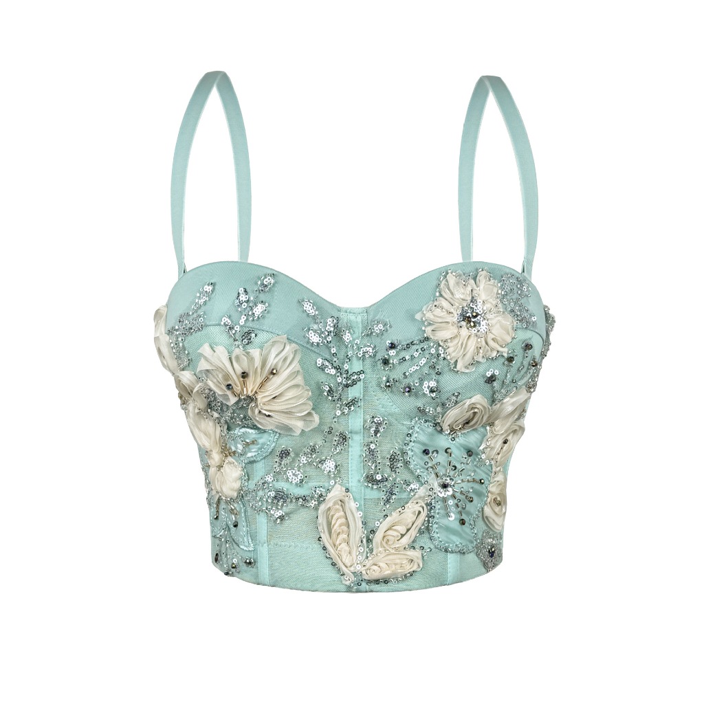 Corset hoa xương cá đính hạt mỏng nhẹ, phù hợp làm áo ngoài phối cùng crop top và áo cánh