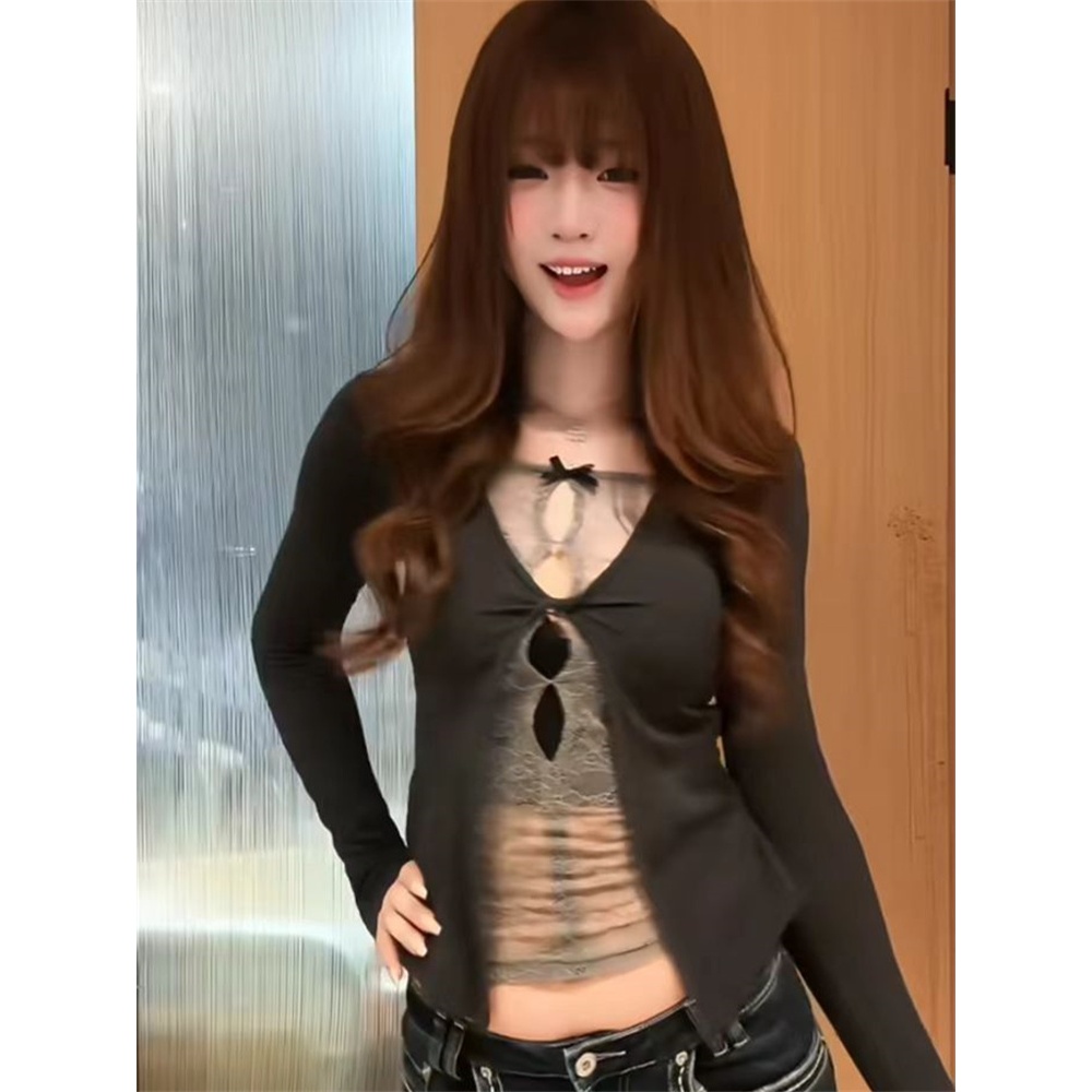 [BANKO] Áo sơ mi nữ phong cách Hàn Quốc xuân, slim-fit hẹp, ren rỗng màu gạc xám dài tay
